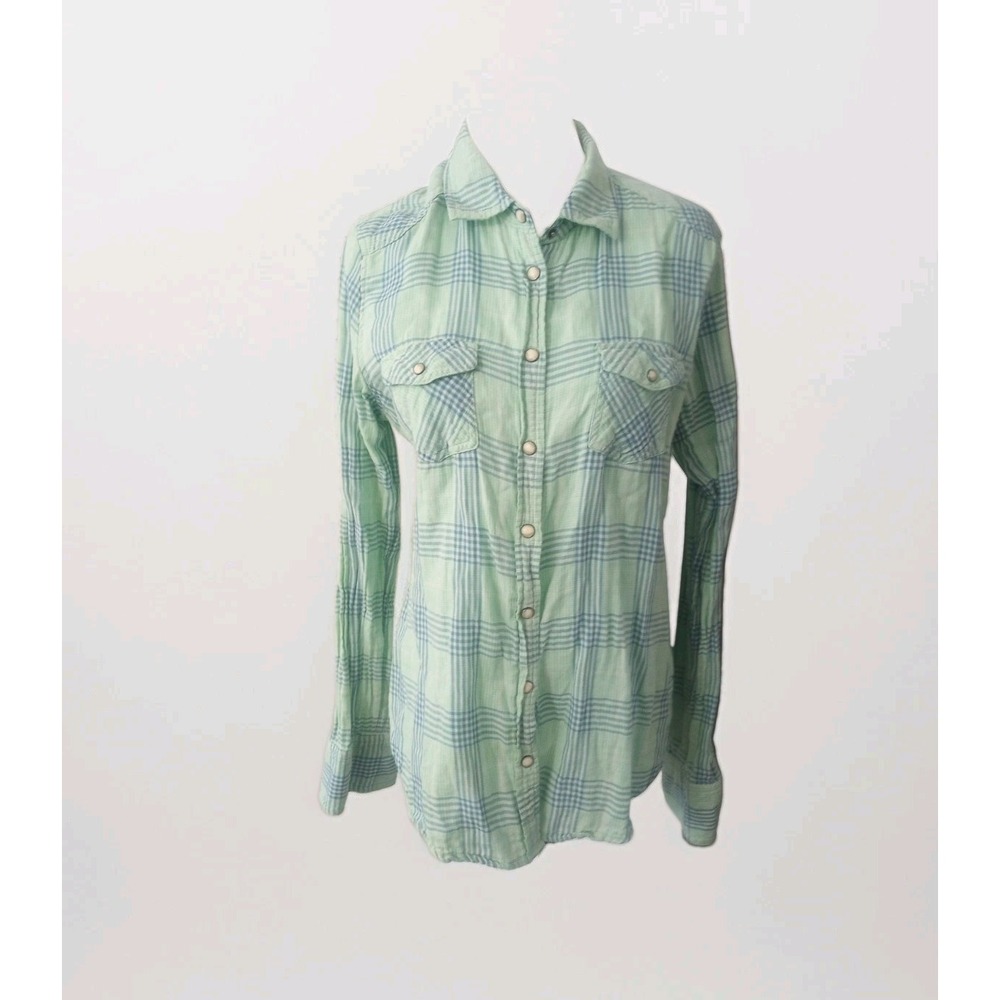 American Eagle AE Outfitters Shirt Women's 12 Pearl Snap Plaid‎ Teal Western